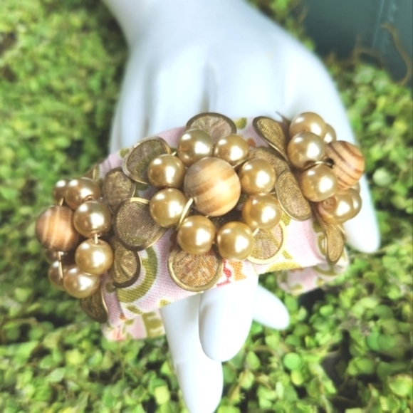 LENORA DAME Anthro Pleats Cottage Floral Fabric Gems Pearls Metal Cuff Bracelet - Picture 12 of 16